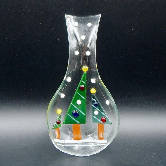 Fused Art Glass Christmas Tree Spoon Ladle Rest Holiday 9 Inches Clear - Picture 1 of 7